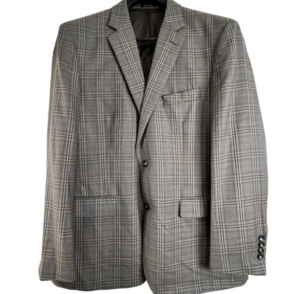 Joseph & Feiss Gold Mens Plaid Blazer Classic Fit 44R Wool Blend Gray Career - Picture 2 of 16